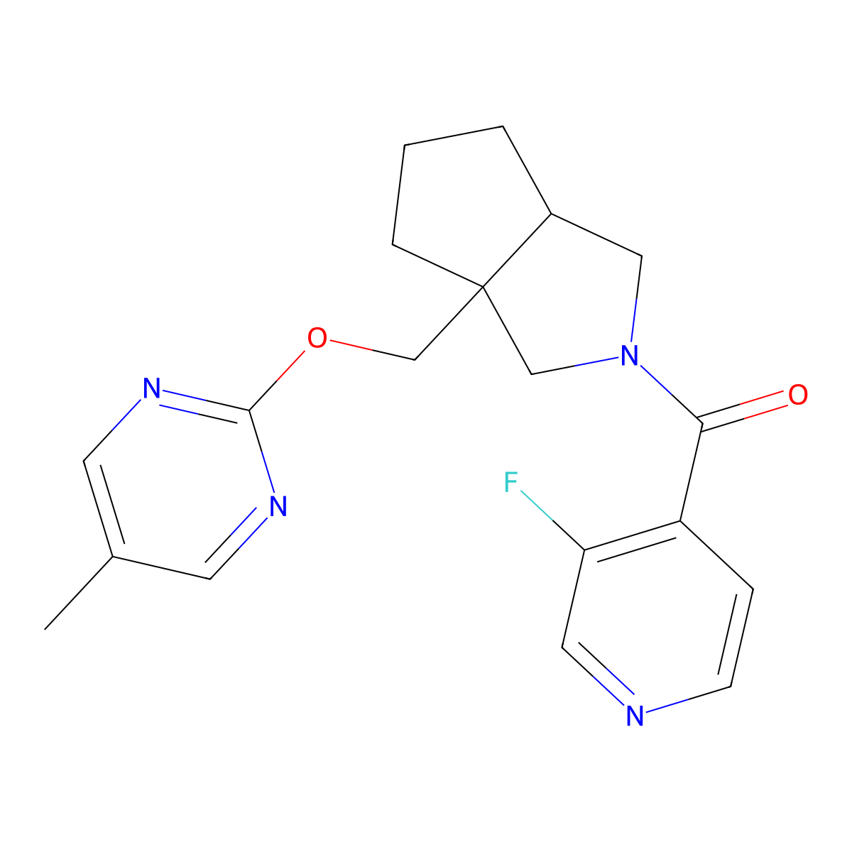 2-{[2-(3-Fluoropyridine-4-carbonyl)-octahydrocyclopenta[c]pyrrol-3a-yl]methoxy}-5-methylpyrimidine molecular structure, CAS 2640970-26-7