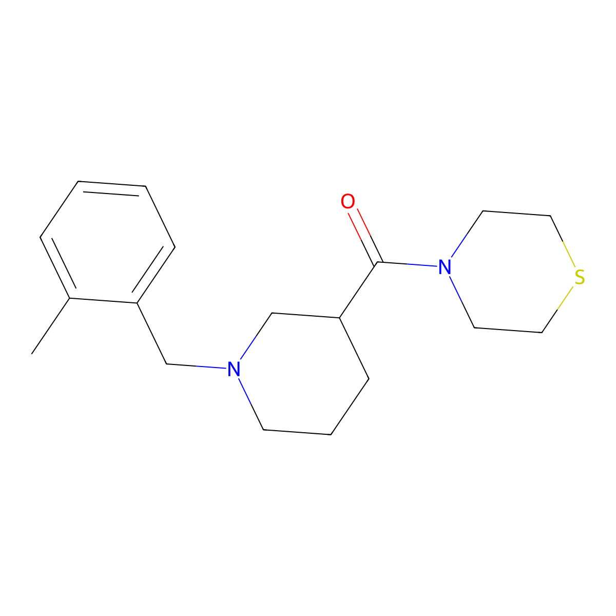 4-{1-[(2-Methylphenyl)methyl]piperidine-3-carbonyl}thiomorpholine molecular structure, CAS 2640970-28-9