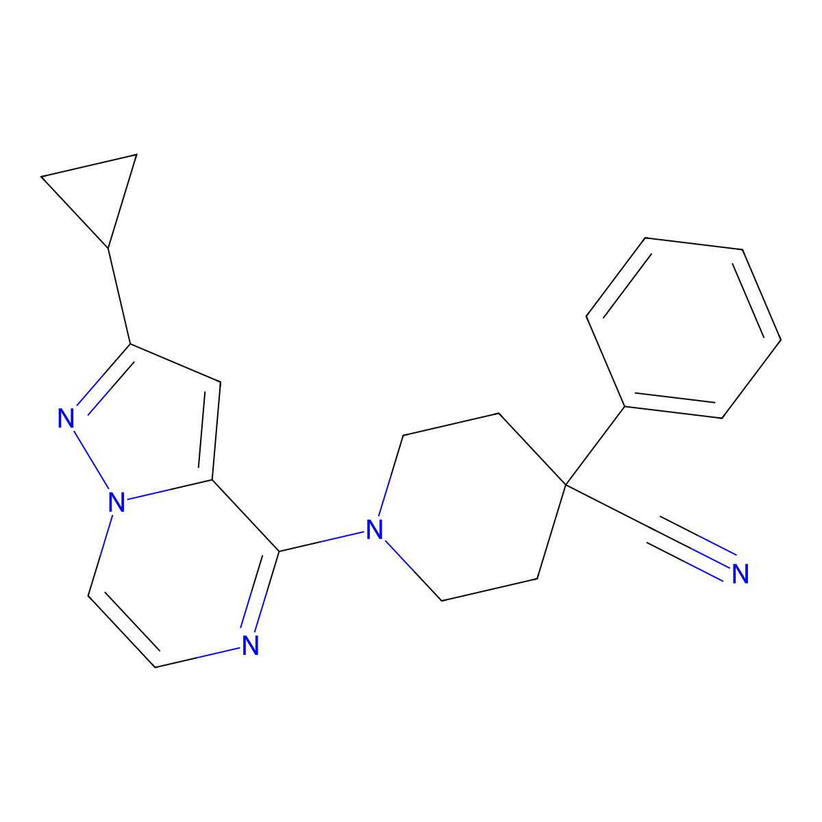 1-{2-Cyclopropylpyrazolo[1,5-a]pyrazin-4-yl}-4-phenylpiperidine-4-carbonitrile molecular structure, CAS 2640970-31-4