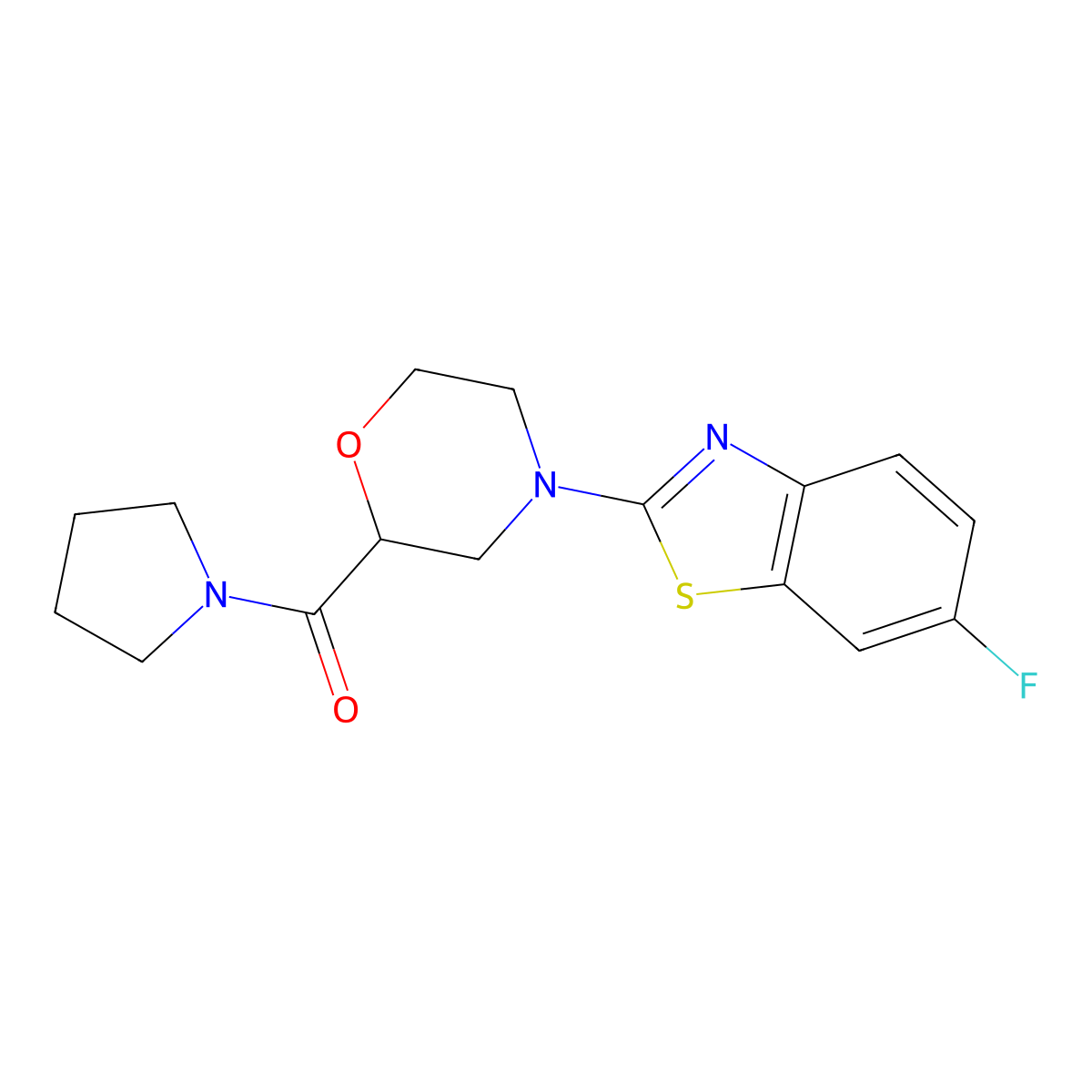 6-Fluoro-2-[2-(pyrrolidine-1-carbonyl)morpholin-4-yl]-1,3-benzothiazole molecular structure, CAS 2640970-37-0