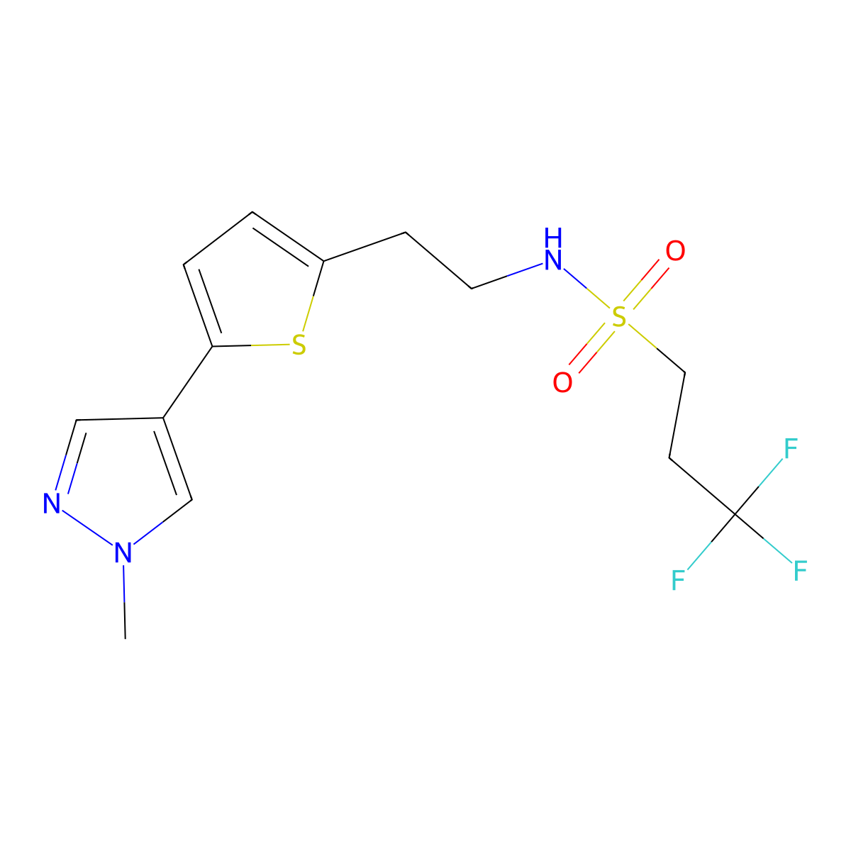 3,3,3-trifluoro-N-{2-[5-(1-methyl-1H-pyrazol-4-yl)thiophen-2-yl]ethyl}propane-1-sulfonamide molecular structure, CAS 2640970-41-6