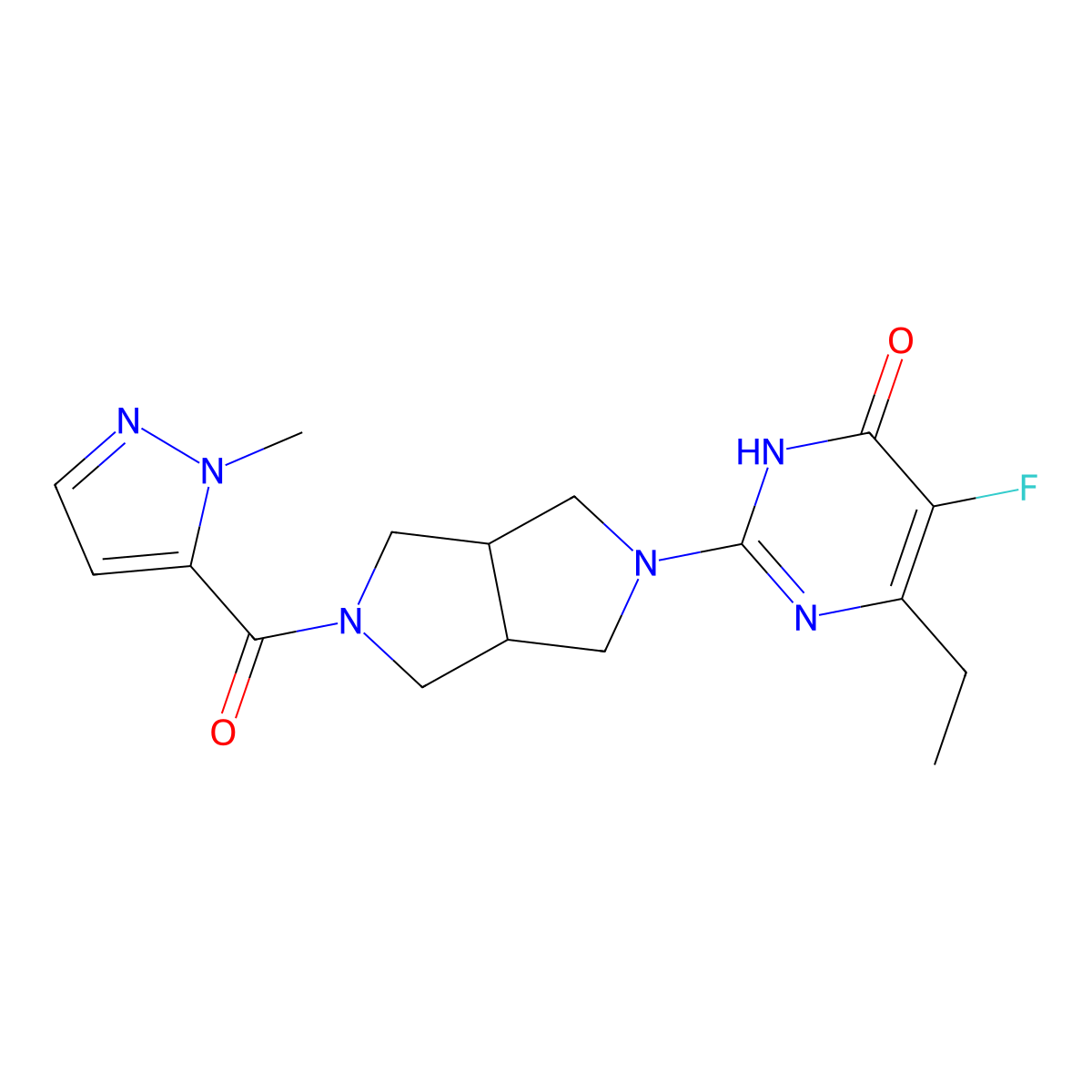 6-ethyl-5-fluoro-2-[5-(1-methyl-1H-pyrazole-5-carbonyl)-octahydropyrrolo[3,4-c]pyrrol-2-yl]-3,4-dihydropyrimidin-4-one molecular structure, CAS 2640970-45-0