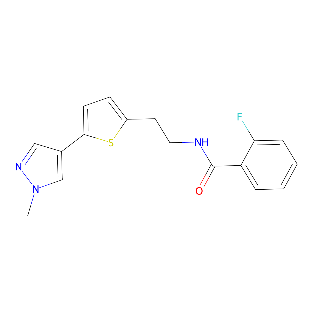 2-fluoro-N-{2-[5-(1-methyl-1H-pyrazol-4-yl)thiophen-2-yl]ethyl}benzamide molecular structure, CAS 2640970-46-1