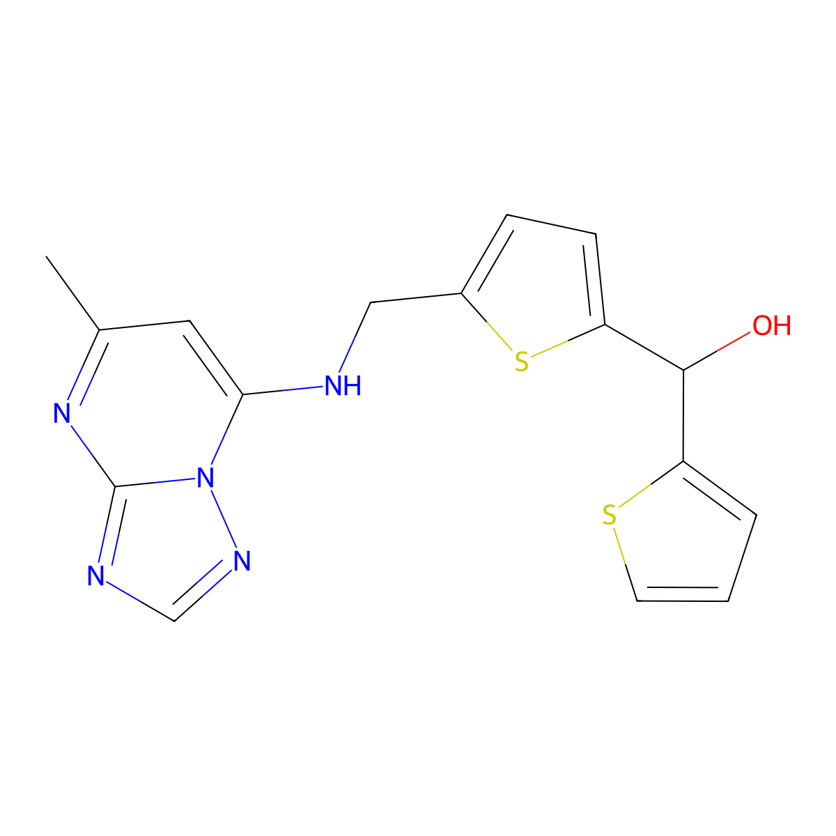 {5-[({5-Methyl-[1,2,4]triazolo[1,5-a]pyrimidin-7-yl}amino)methyl]thiophen-2-yl}(thiophen-2-yl)methanol molecular structure, CAS 2640970-49-4