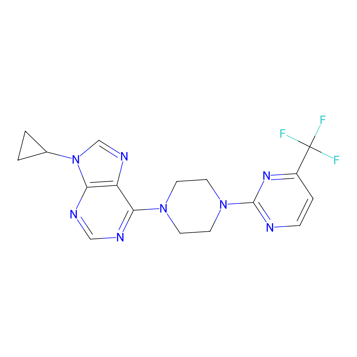 9-cyclopropyl-6-{4-[4-(trifluoromethyl)pyrimidin-2-yl]piperazin-1-yl}-9H-purine molecular structure, CAS 2640970-54-1