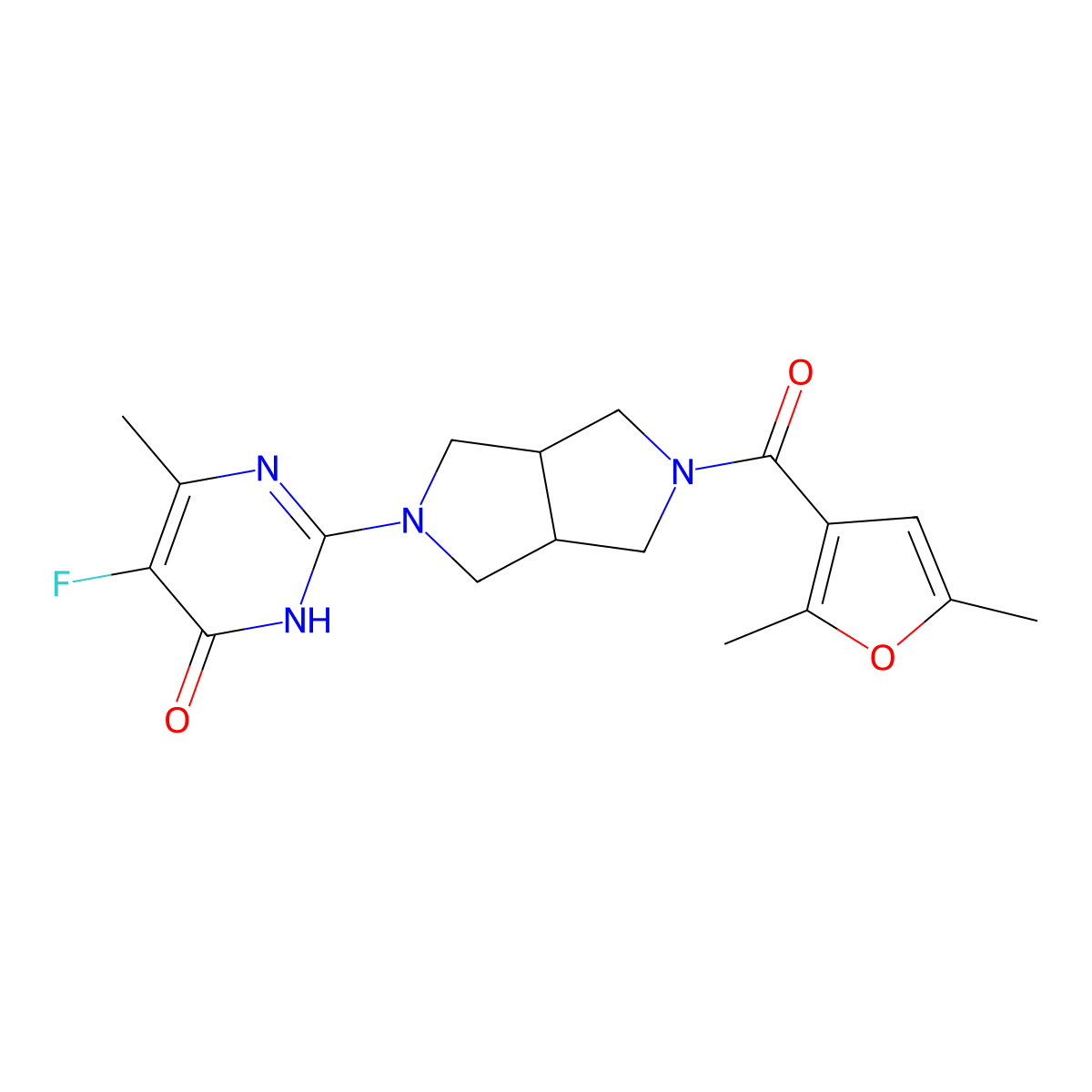 2-[5-(2,5-Dimethylfuran-3-carbonyl)-octahydropyrrolo[3,4-c]pyrrol-2-yl]-5-fluoro-6-methyl-3,4-dihydropyrimidin-4-one molecular structure, CAS 2640970-58-5