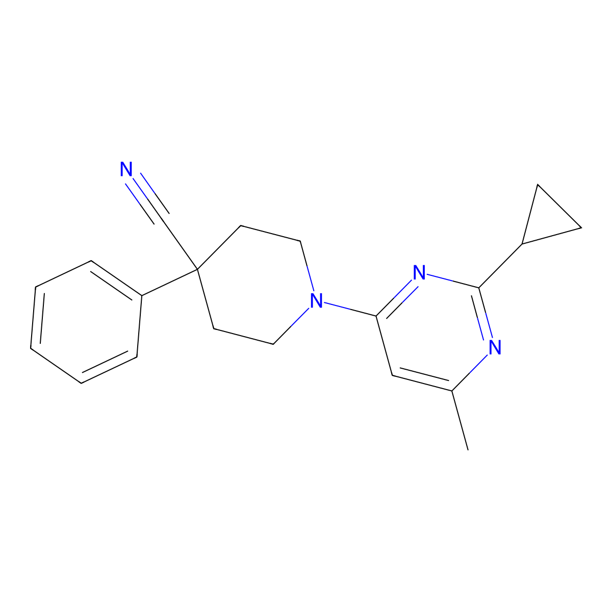 1-(2-Cyclopropyl-6-methylpyrimidin-4-yl)-4-phenylpiperidine-4-carbonitrile molecular structure, CAS 2640970-59-6