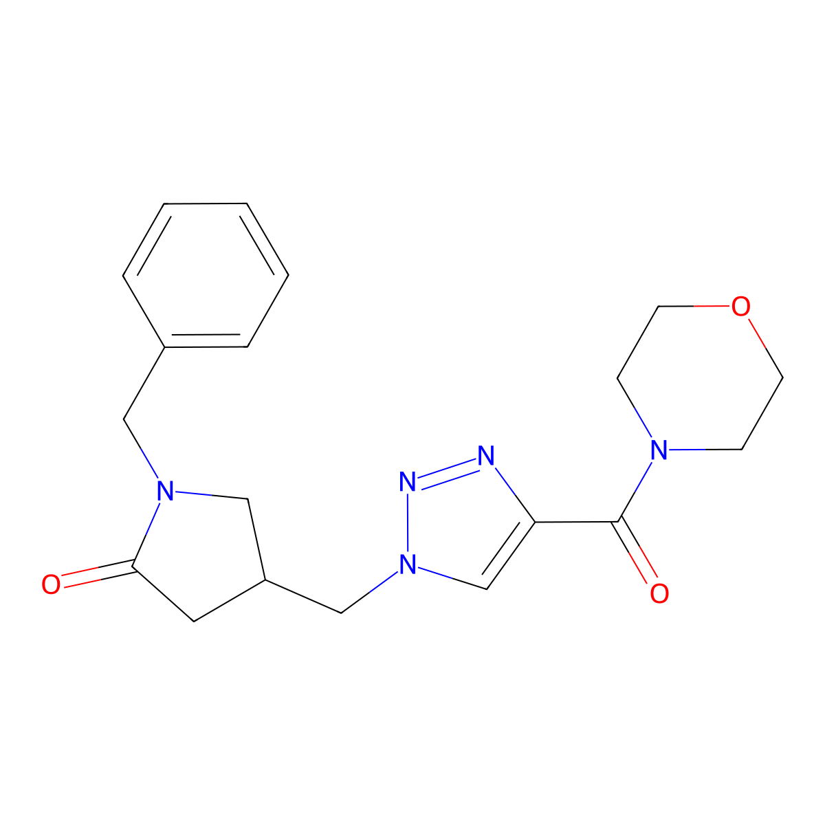 1-benzyl-4-{[4-(morpholine-4-carbonyl)-1H-1,2,3-triazol-1-yl]methyl}pyrrolidin-2-one molecular structure, CAS 2640970-73-4