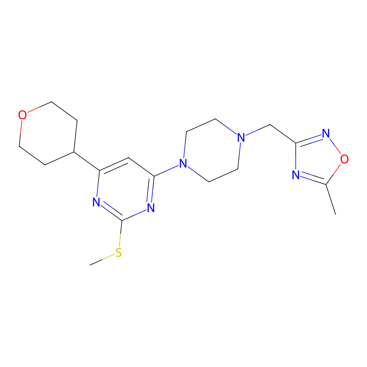 4-{4-[(5-Methyl-1,2,4-oxadiazol-3-yl)methyl]piperazin-1-yl}-2-(methylsulfanyl)-6-(oxan-4-yl)pyrimidine molecular structure, CAS 2640970-76-7
