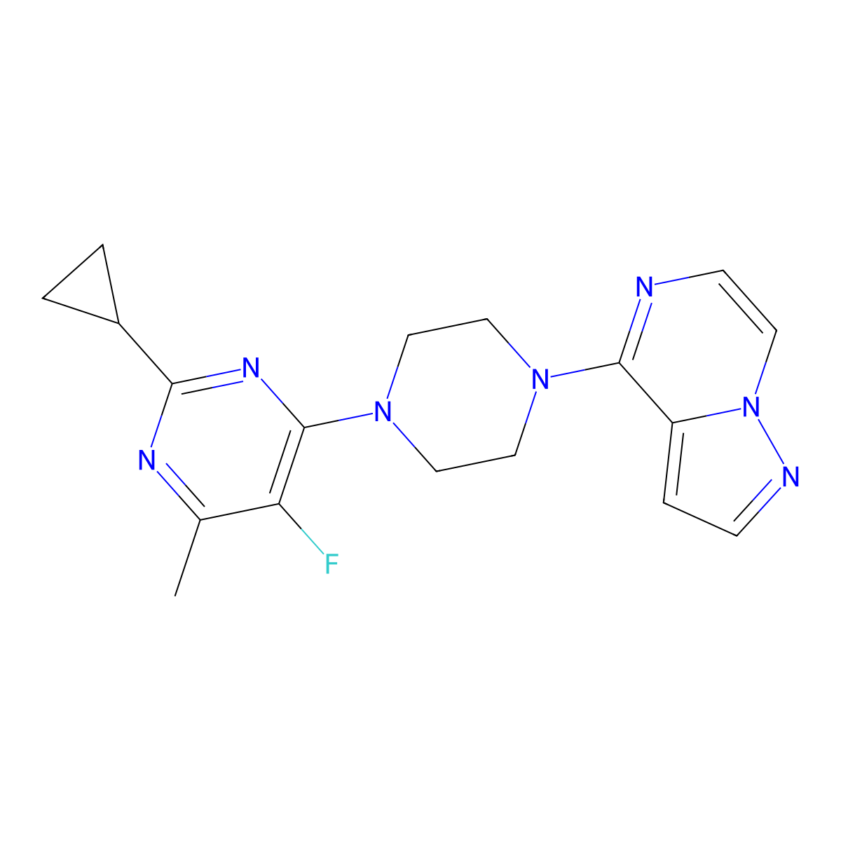 2-Cyclopropyl-5-fluoro-4-methyl-6-(4-{pyrazolo[1,5-a]pyrazin-4-yl}piperazin-1-yl)pyrimidine molecular structure, CAS 2640970-78-9