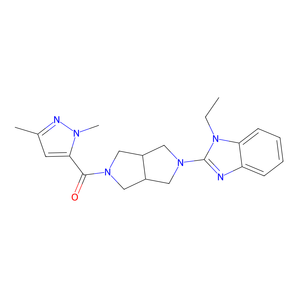 2-[5-(1,3-dimethyl-1H-pyrazole-5-carbonyl)-octahydropyrrolo[3,4-c]pyrrol-2-yl]-1-ethyl-1H-1,3-benzodiazole molecular structure, CAS 2640970-82-5