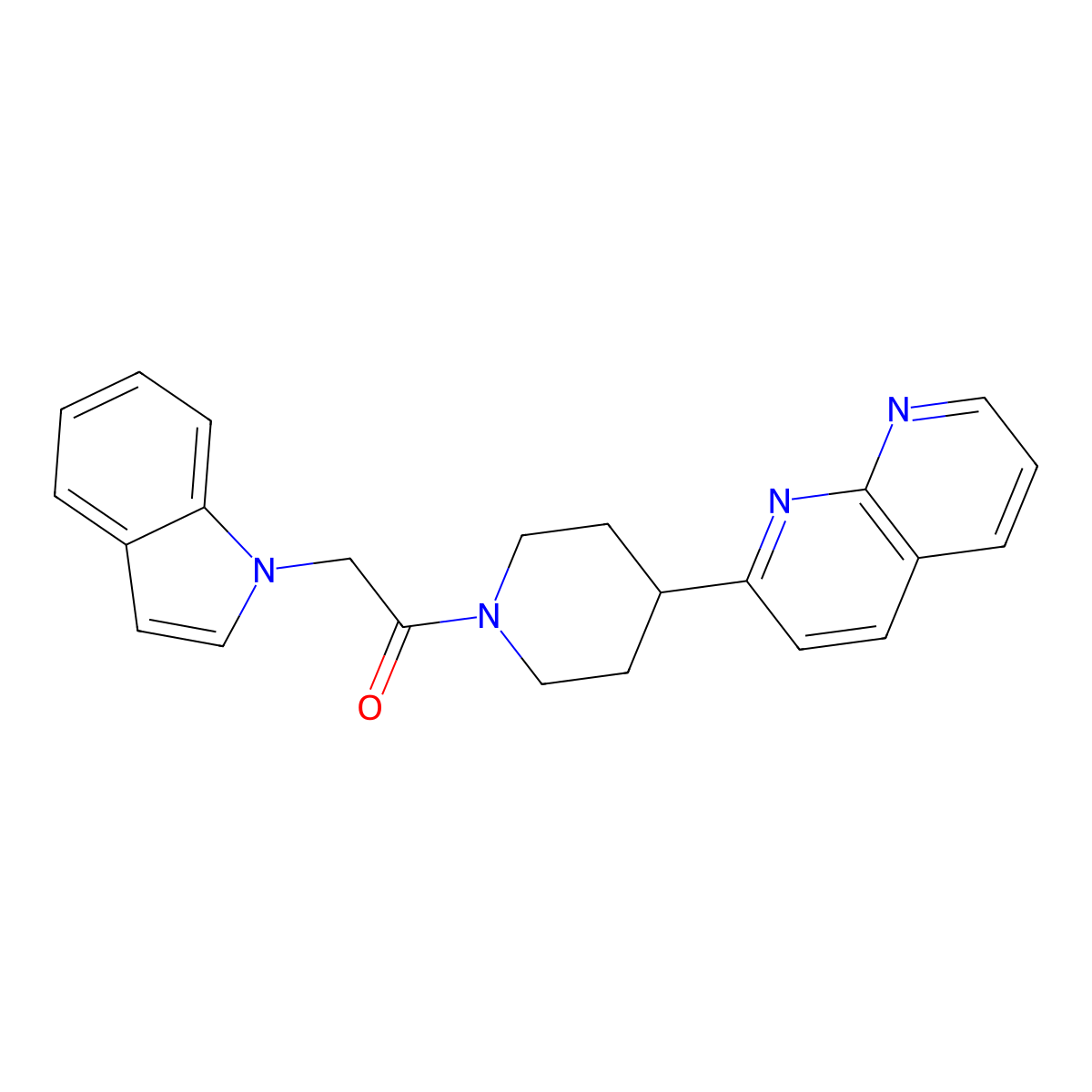 2-(1H-indol-1-yl)-1-[4-(1,8-naphthyridin-2-yl)piperidin-1-yl]ethan-1-one molecular structure, CAS 2640970-84-7