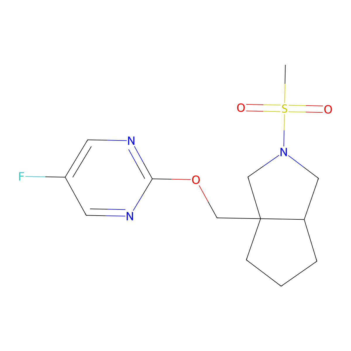 5-Fluoro-2-({2-methanesulfonyl-octahydrocyclopenta[c]pyrrol-3a-yl}methoxy)pyrimidine molecular structure, CAS 2640970-85-8