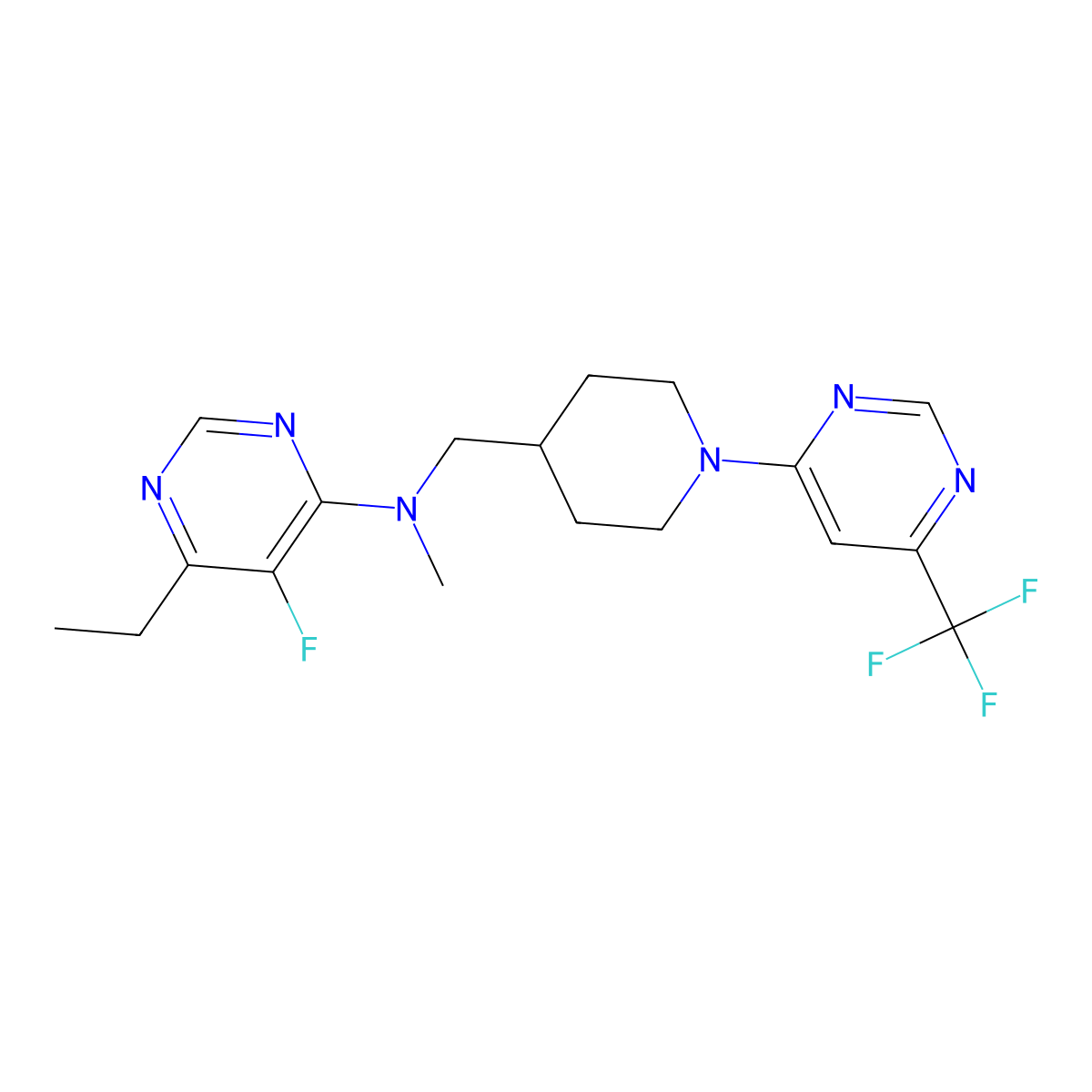 6-ethyl-5-fluoro-N-methyl-N-({1-[6-(trifluoromethyl)pyrimidin-4-yl]piperidin-4-yl}methyl)pyrimidin-4-amine molecular structure, CAS 2640970-90-5