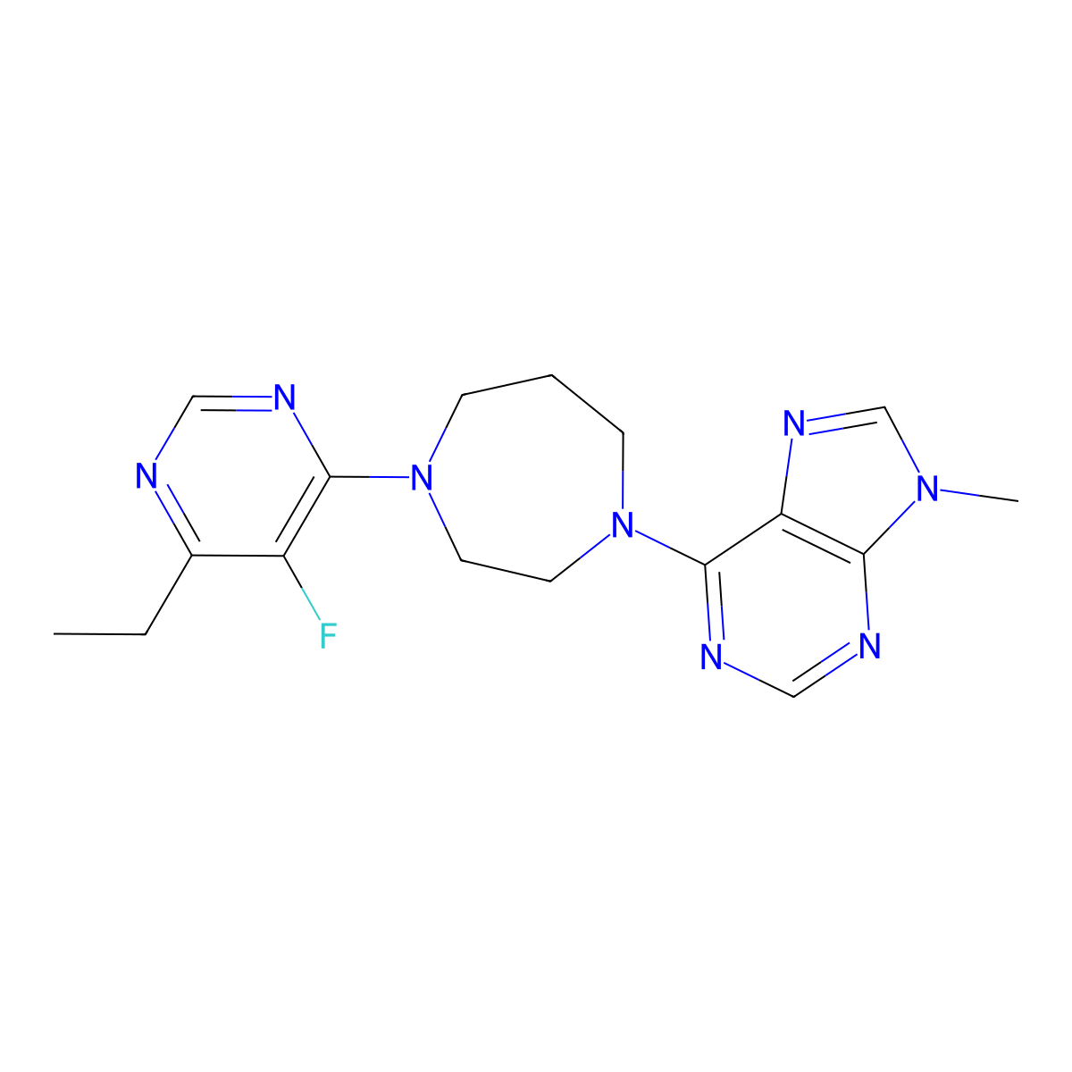 6-[4-(6-ethyl-5-fluoropyrimidin-4-yl)-1,4-diazepan-1-yl]-9-methyl-9H-purine molecular structure, CAS 2640971-04-4