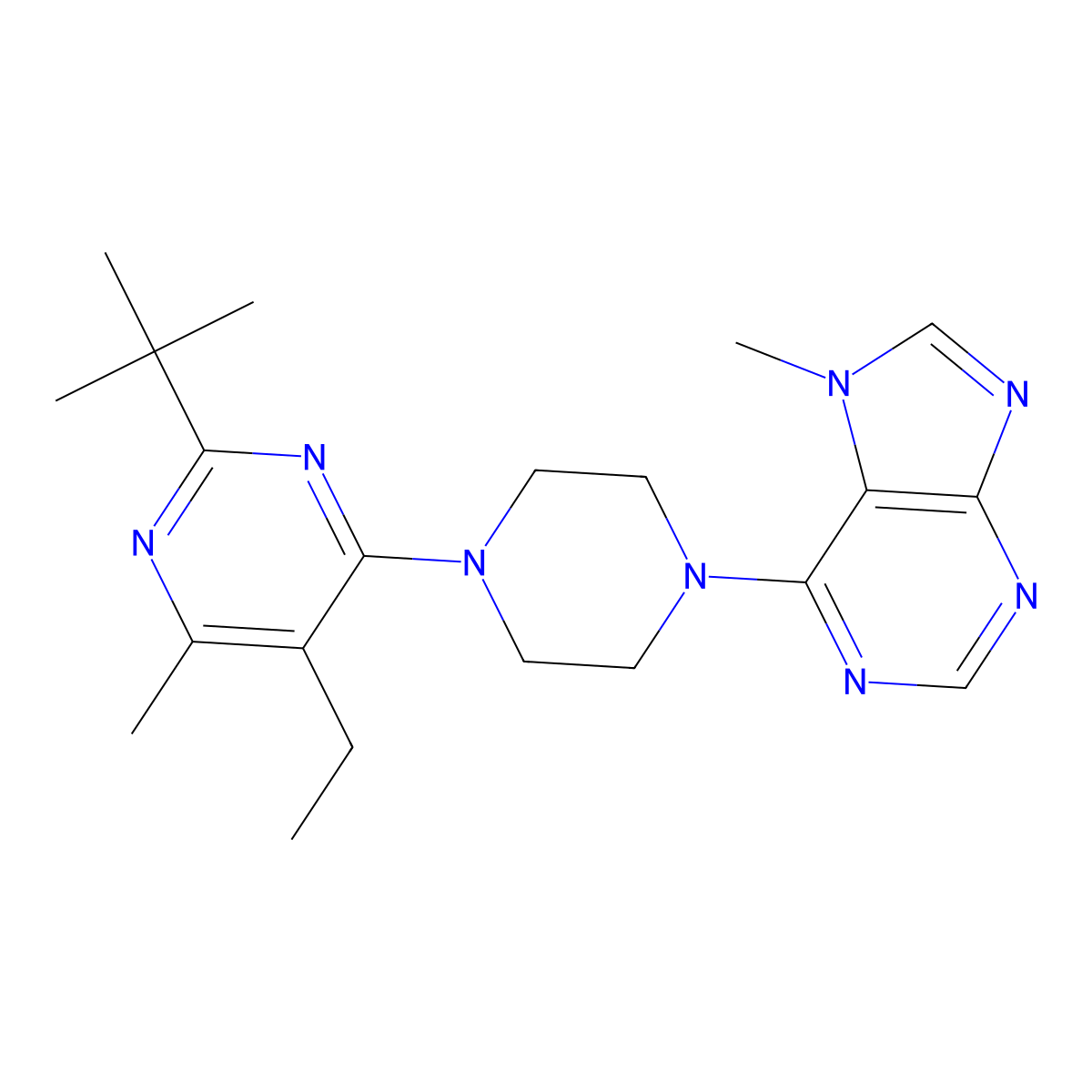6-[4-(2-tert-butyl-5-ethyl-6-methylpyrimidin-4-yl)piperazin-1-yl]-7-methyl-7H-purine molecular structure, CAS 2640971-08-8