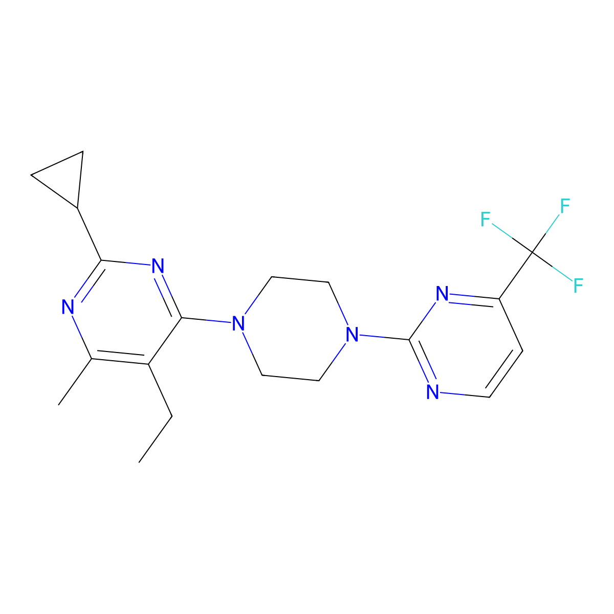 2-Cyclopropyl-5-ethyl-4-methyl-6-{4-[4-(trifluoromethyl)pyrimidin-2-yl]piperazin-1-yl}pyrimidine molecular structure, CAS 2640971-09-9