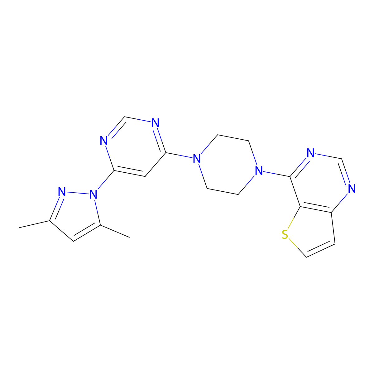 4-(3,5-dimethyl-1H-pyrazol-1-yl)-6-(4-{thieno[3,2-d]pyrimidin-4-yl}piperazin-1-yl)pyrimidine molecular structure, CAS 2640971-10-2