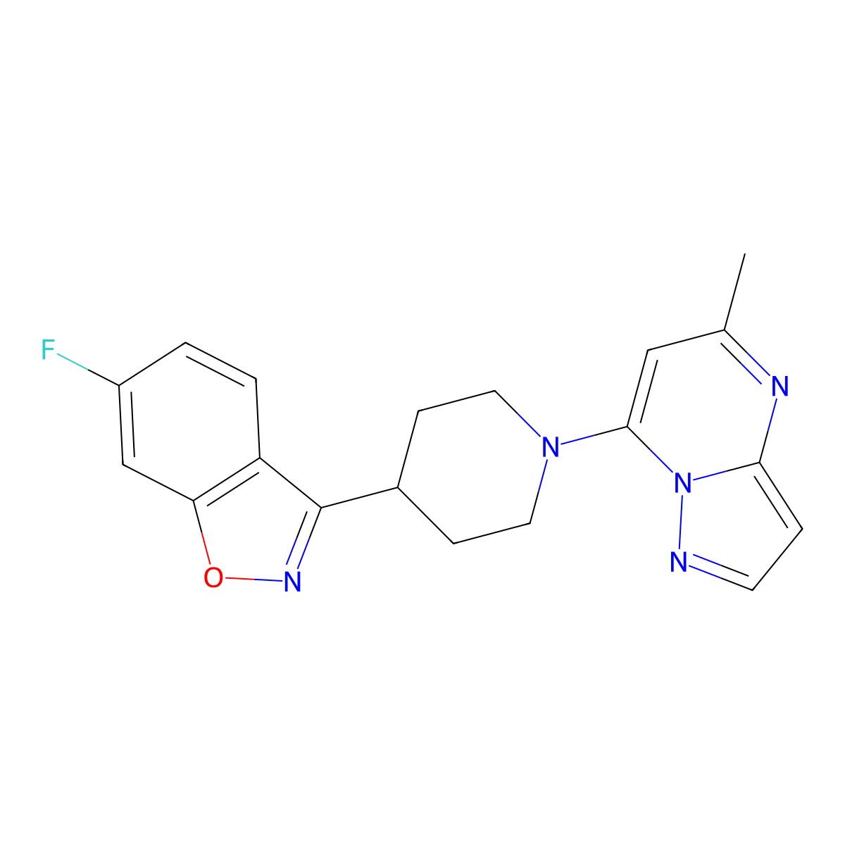 6-Fluoro-3-(1-{5-methylpyrazolo[1,5-a]pyrimidin-7-yl}piperidin-4-yl)-1,2-benzoxazole molecular structure, CAS 2640971-11-3