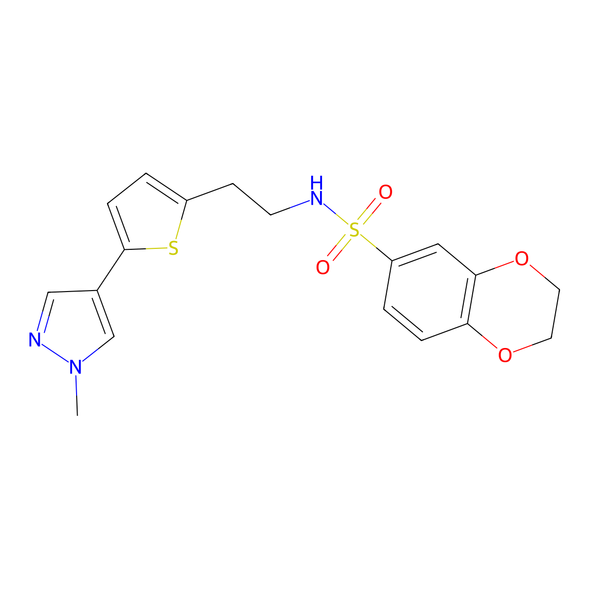 N-{2-[5-(1-methyl-1H-pyrazol-4-yl)thiophen-2-yl]ethyl}-2,3-dihydro-1,4-benzodioxine-6-sulfonamide molecular structure, CAS 2640971-22-6