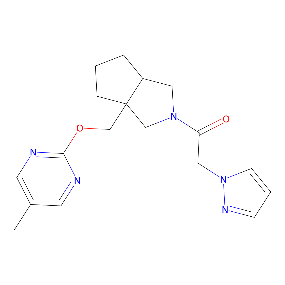 1-(3a-{[(5-methylpyrimidin-2-yl)oxy]methyl}-octahydrocyclopenta[c]pyrrol-2-yl)-2-(1H-pyrazol-1-yl)ethan-1-one molecular structure, CAS 2640971-30-6