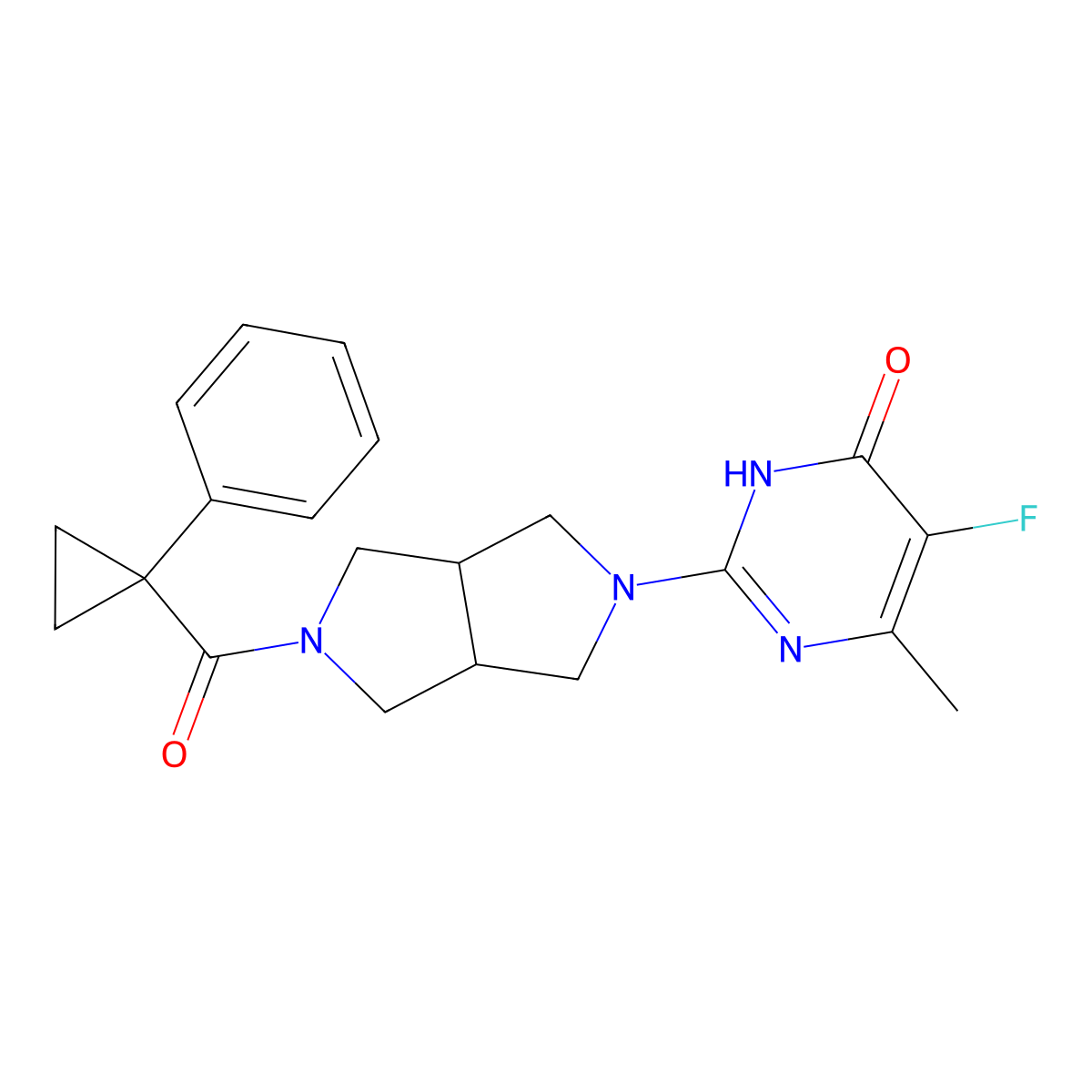 5-Fluoro-6-methyl-2-[5-(1-phenylcyclopropanecarbonyl)-octahydropyrrolo[3,4-c]pyrrol-2-yl]-3,4-dihydropyrimidin-4-one molecular structure, CAS 2640971-32-8
