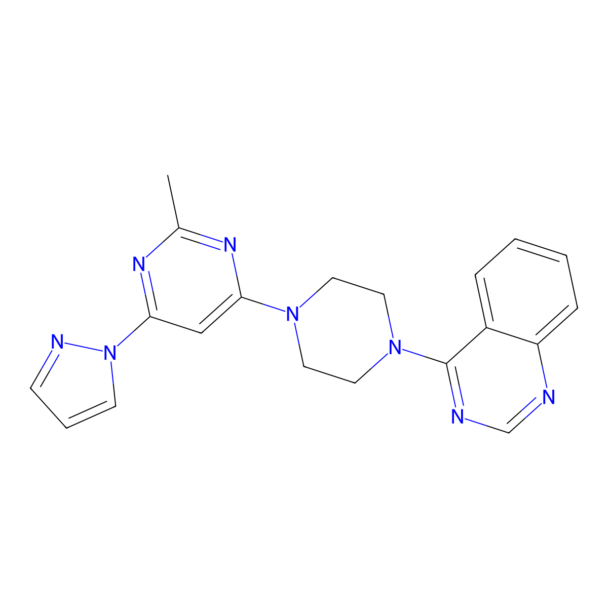 4-{4-[2-methyl-6-(1H-pyrazol-1-yl)pyrimidin-4-yl]piperazin-1-yl}quinazoline molecular structure, CAS 2640971-34-0