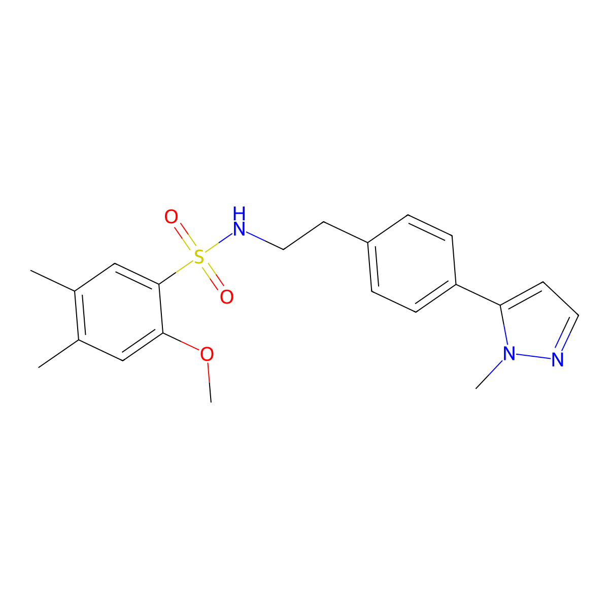 2-methoxy-4,5-dimethyl-N-{2-[4-(1-methyl-1H-pyrazol-5-yl)phenyl]ethyl}benzene-1-sulfonamide molecular structure, CAS 2640971-38-4