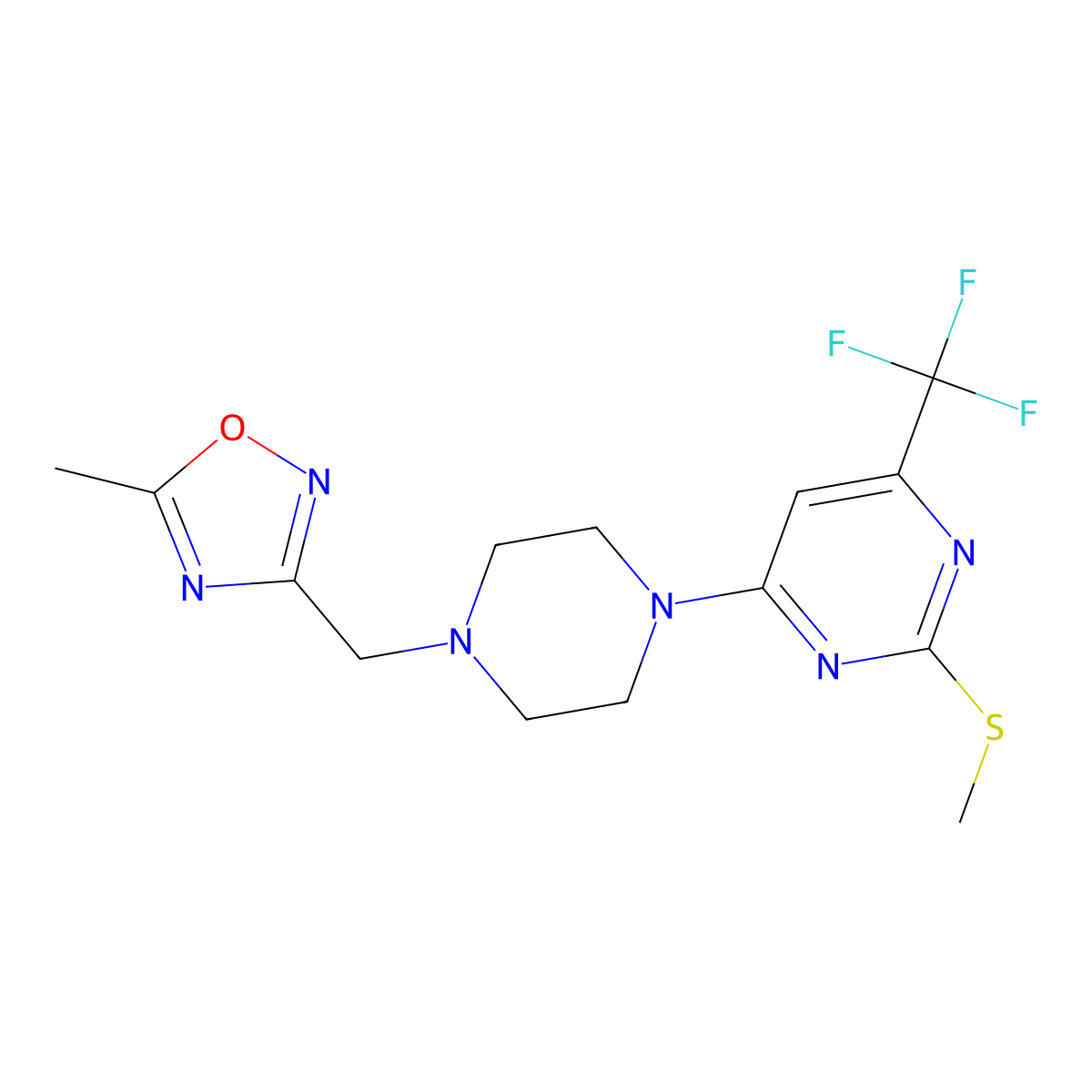 4-{4-[(5-Methyl-1,2,4-oxadiazol-3-yl)methyl]piperazin-1-yl}-2-(methylsulfanyl)-6-(trifluoromethyl)pyrimidine molecular structure, CAS 2640971-40-8