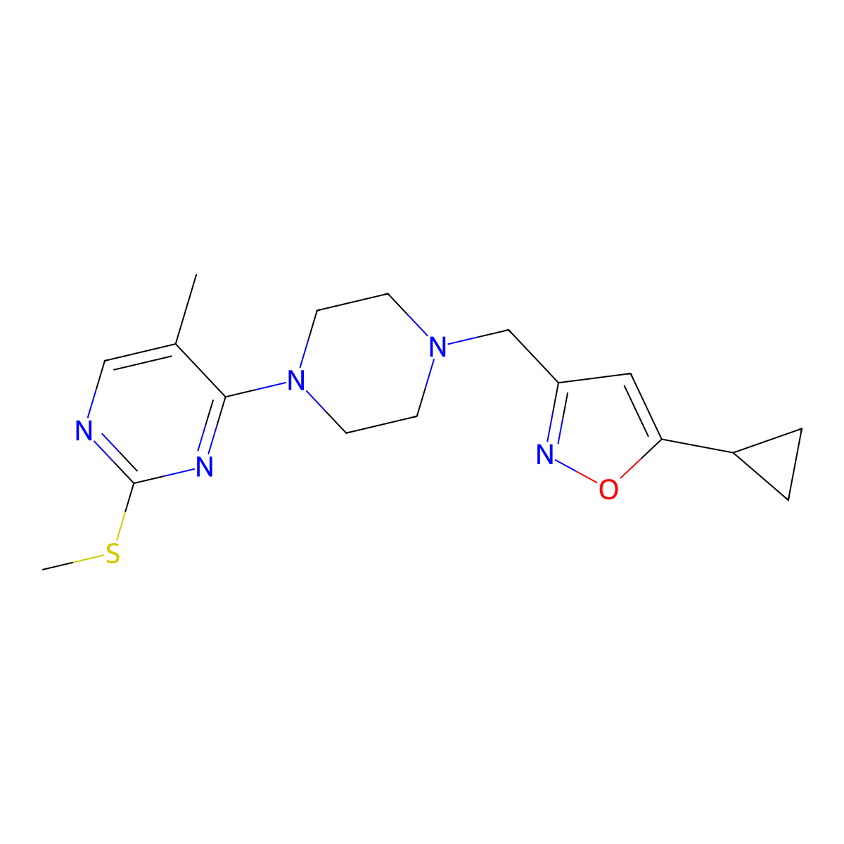 4-{4-[(5-Cyclopropyl-1,2-oxazol-3-yl)methyl]piperazin-1-yl}-5-methyl-2-(methylsulfanyl)pyrimidine molecular structure, CAS 2640971-41-9