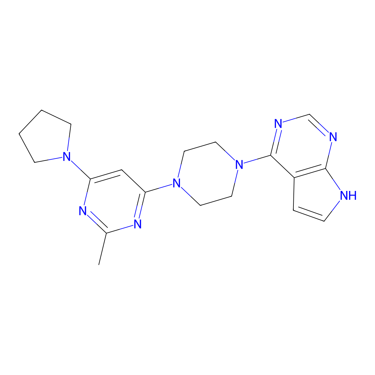 2-methyl-4-(pyrrolidin-1-yl)-6-(4-{7H-pyrrolo[2,3-d]pyrimidin-4-yl}piperazin-1-yl)pyrimidine molecular structure, CAS 2640971-43-1