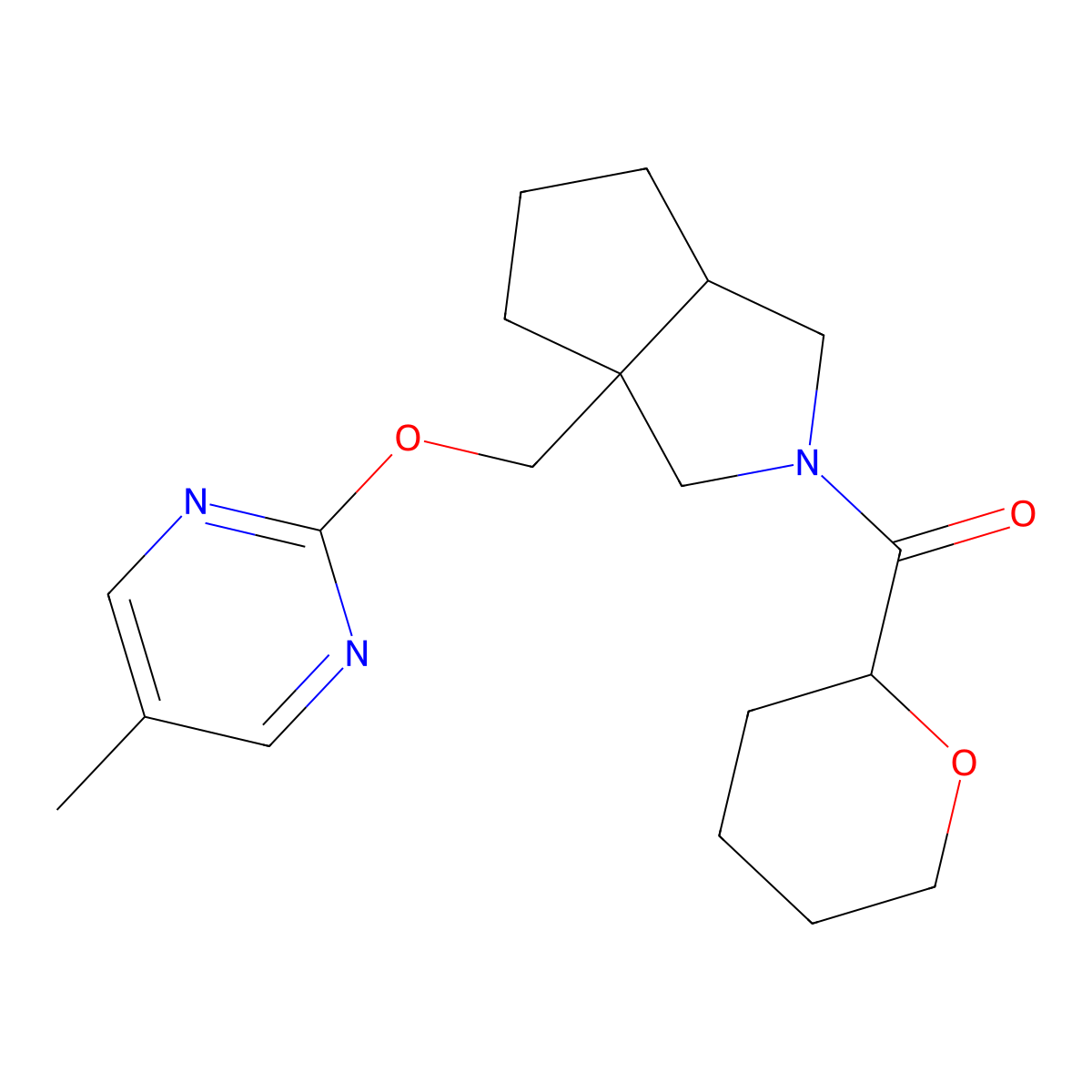 5-Methyl-2-{[2-(oxane-2-carbonyl)-octahydrocyclopenta[c]pyrrol-3a-yl]methoxy}pyrimidine molecular structure, CAS 2640971-45-3