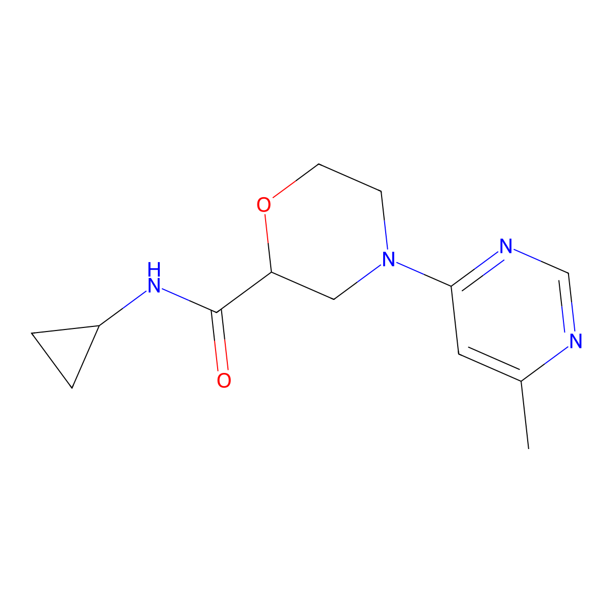N-cyclopropyl-4-(6-methylpyrimidin-4-yl)morpholine-2-carboxamide molecular structure, CAS 2640971-47-5