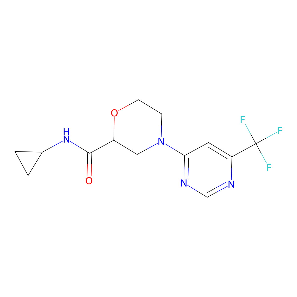 N-cyclopropyl-4-[6-(trifluoromethyl)pyrimidin-4-yl]morpholine-2-carboxamide molecular structure, CAS 2640971-50-0