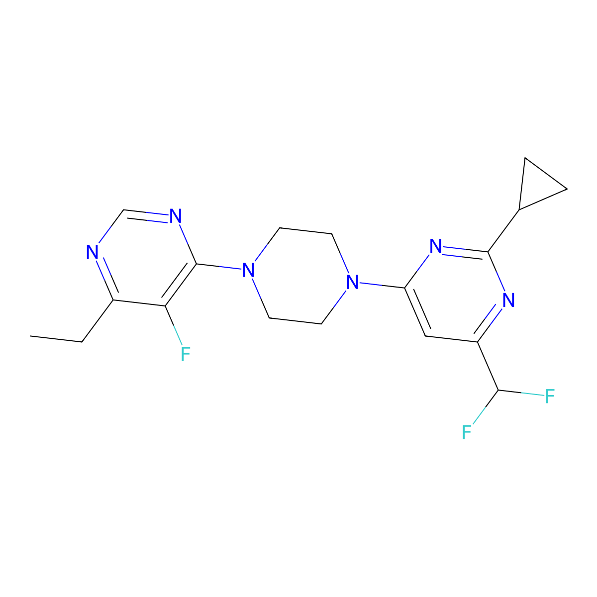 2-Cyclopropyl-4-(difluoromethyl)-6-[4-(6-ethyl-5-fluoropyrimidin-4-yl)piperazin-1-yl]pyrimidine molecular structure, CAS 2640971-51-1