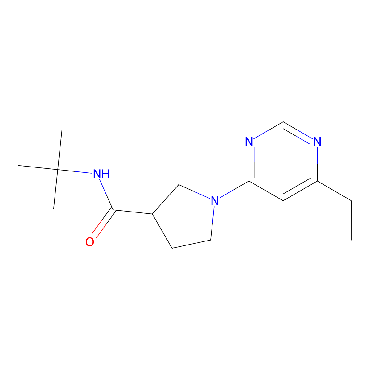 N-tert-butyl-1-(6-ethylpyrimidin-4-yl)pyrrolidine-3-carboxamide molecular structure, CAS 2640971-56-6