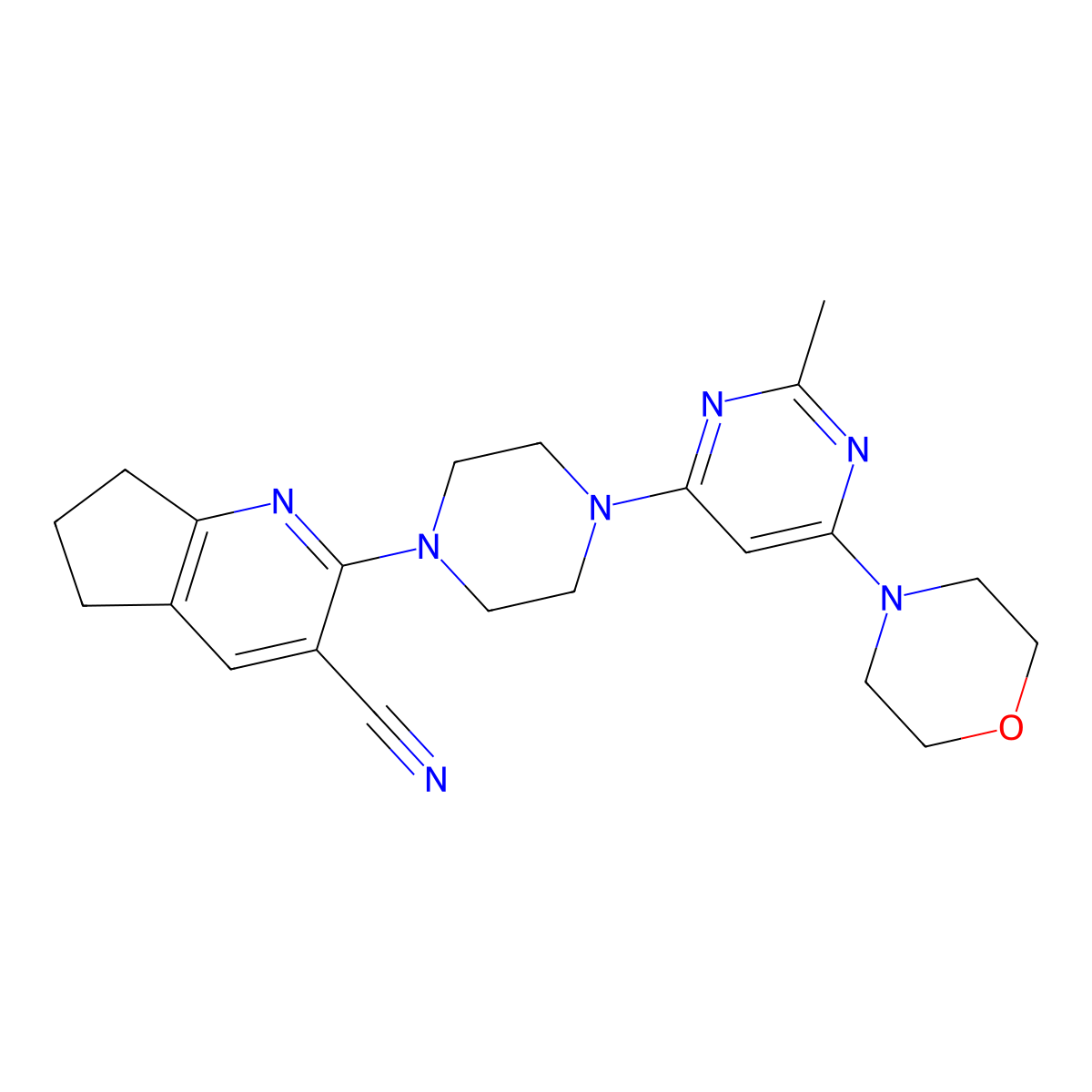 2-{4-[2-methyl-6-(morpholin-4-yl)pyrimidin-4-yl]piperazin-1-yl}-5H,6H,7H-cyclopenta[b]pyridine-3-carbonitrile molecular structure, CAS 2640971-59-9