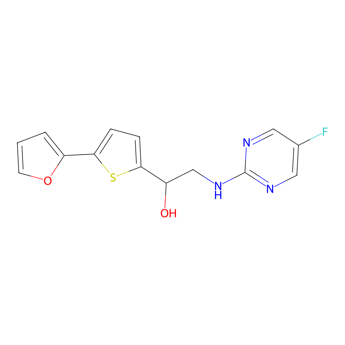 2-[(5-Fluoropyrimidin-2-yl)amino]-1-[5-(furan-2-yl)thiophen-2-yl]ethan-1-ol molecular structure, CAS 2640971-62-4