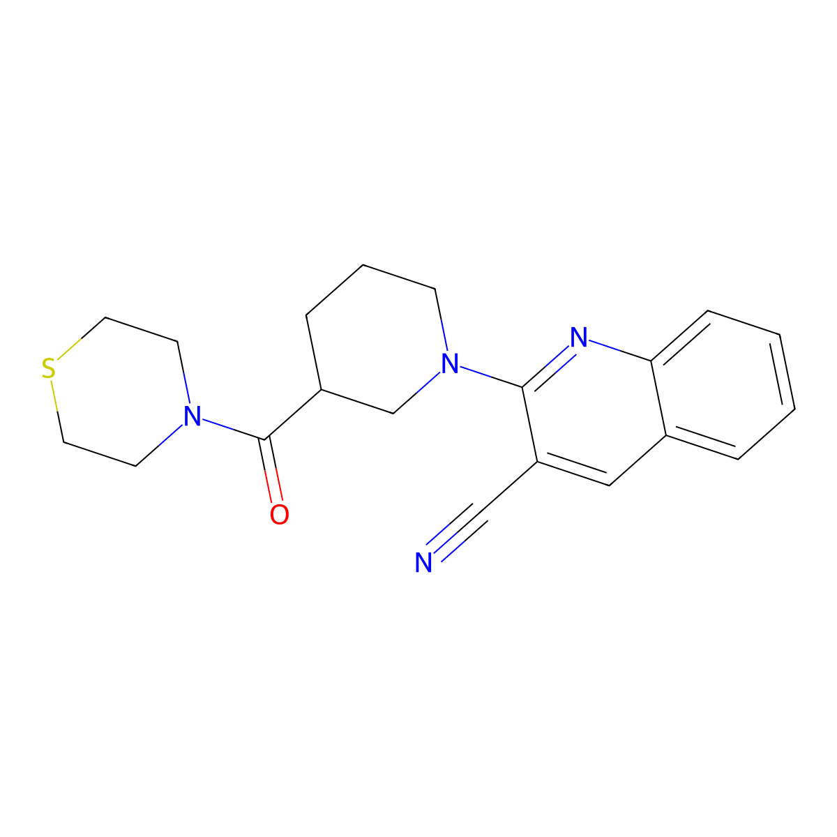 2-[3-(Thiomorpholine-4-carbonyl)piperidin-1-yl]quinoline-3-carbonitrile molecular structure, CAS 2640971-68-0