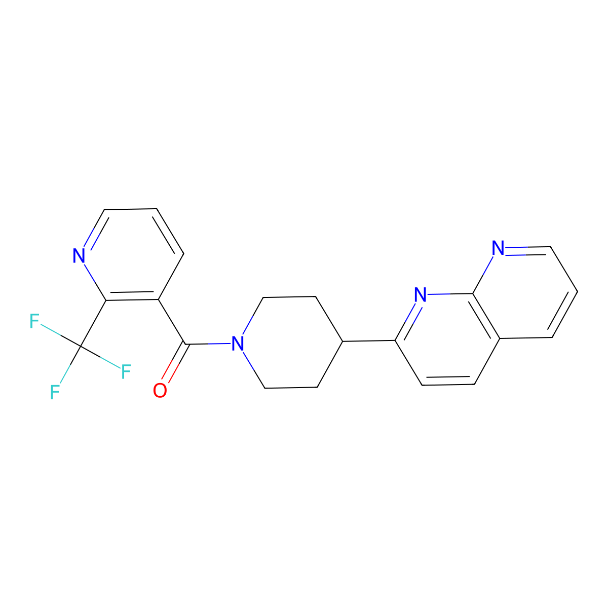2-{1-[2-(Trifluoromethyl)pyridine-3-carbonyl]piperidin-4-yl}-1,8-naphthyridine molecular structure, CAS 2640971-70-4