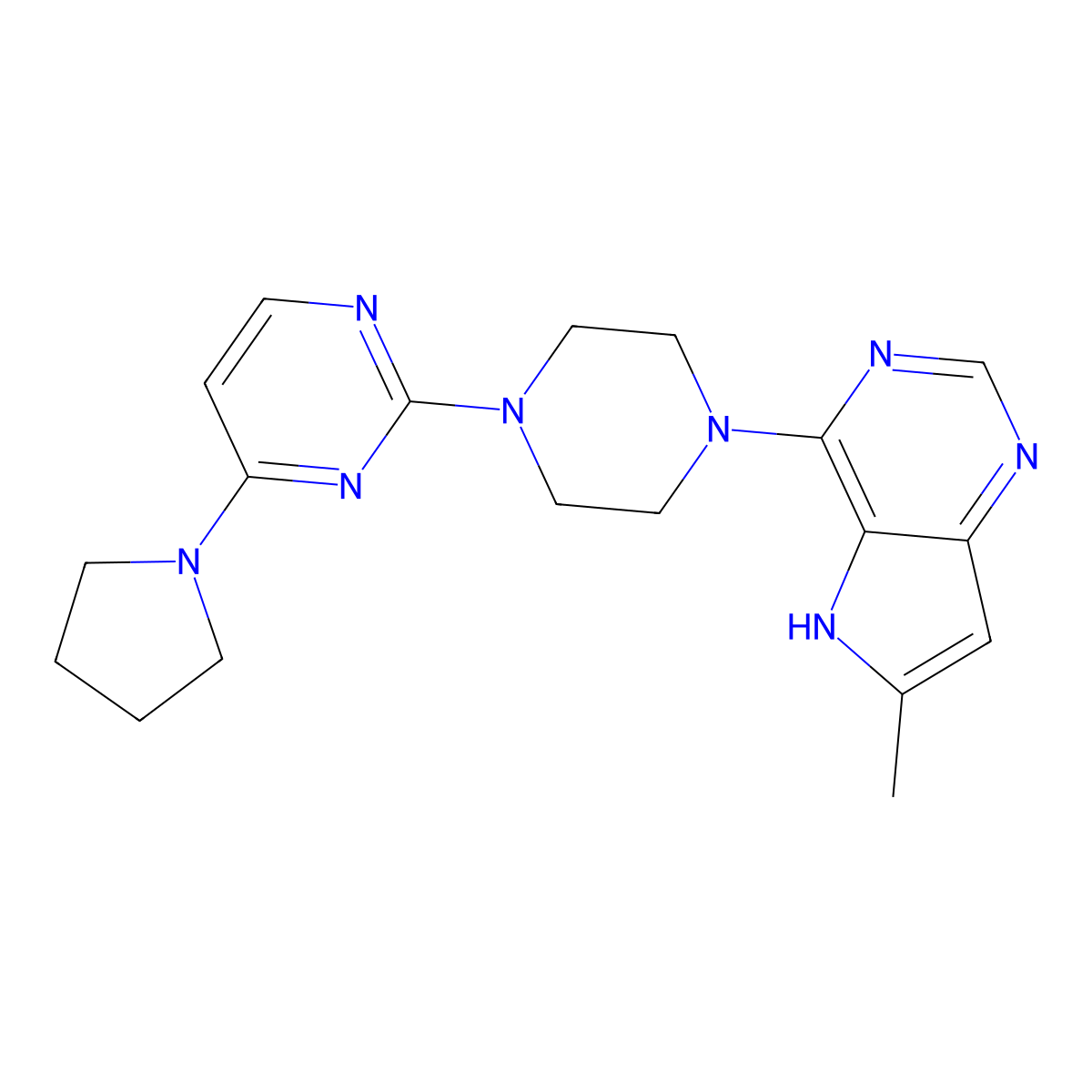 2-(4-{6-methyl-5H-pyrrolo[3,2-d]pyrimidin-4-yl}piperazin-1-yl)-4-(pyrrolidin-1-yl)pyrimidine molecular structure, CAS 2640971-72-6