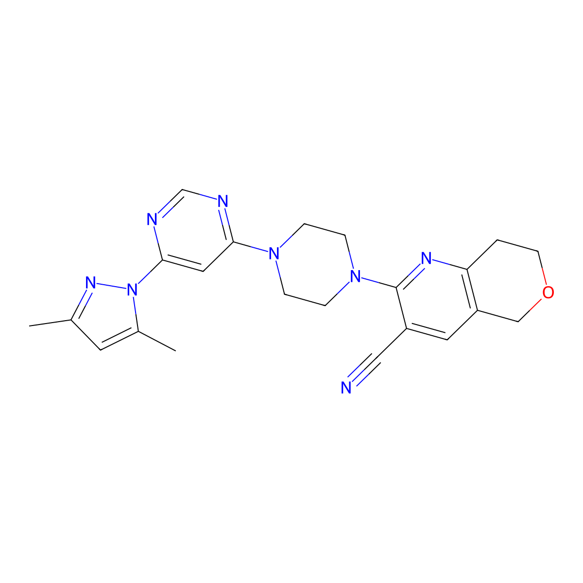 2-{4-[6-(3,5-dimethyl-1H-pyrazol-1-yl)pyrimidin-4-yl]piperazin-1-yl}-5H,7H,8H-pyrano[4,3-b]pyridine-3-carbonitrile molecular structure, CAS 2640971-73-7