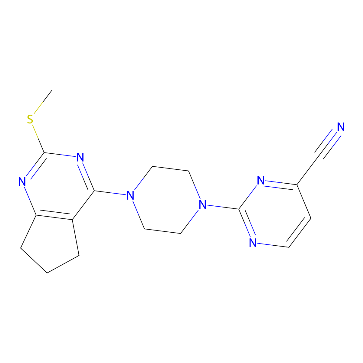 2-{4-[2-(methylsulfanyl)-5H,6H,7H-cyclopenta[d]pyrimidin-4-yl]piperazin-1-yl}pyrimidine-4-carbonitrile molecular structure, CAS 2640971-77-1