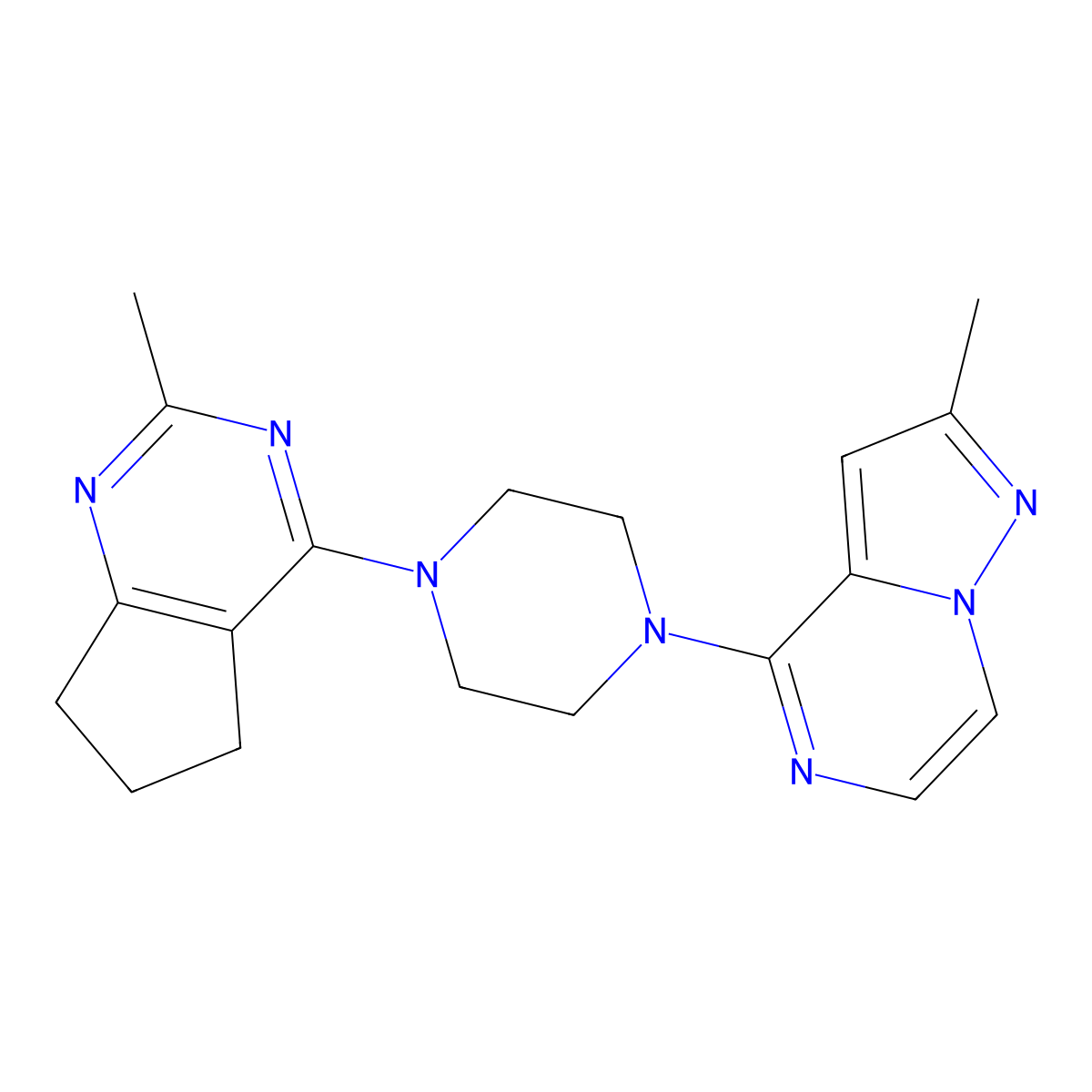 1-{2-methyl-5H,6H,7H-cyclopenta[d]pyrimidin-4-yl}-4-{2-methylpyrazolo[1,5-a]pyrazin-4-yl}piperazine molecular structure, CAS 2640971-78-2