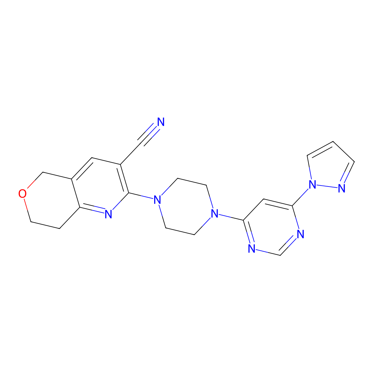 2-{4-[6-(1H-pyrazol-1-yl)pyrimidin-4-yl]piperazin-1-yl}-5H,7H,8H-pyrano[4,3-b]pyridine-3-carbonitrile molecular structure, CAS 2640971-80-6