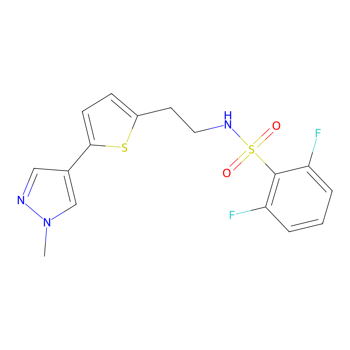 2,6-difluoro-N-{2-[5-(1-methyl-1H-pyrazol-4-yl)thiophen-2-yl]ethyl}benzene-1-sulfonamide molecular structure, CAS 2640971-82-8