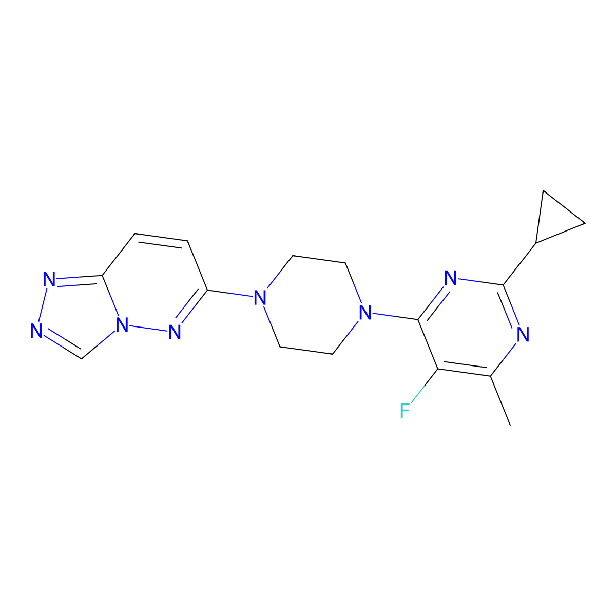 2-Cyclopropyl-5-fluoro-4-methyl-6-(4-{[1,2,4]triazolo[4,3-b]pyridazin-6-yl}piperazin-1-yl)pyrimidine molecular structure, CAS 2640971-84-0