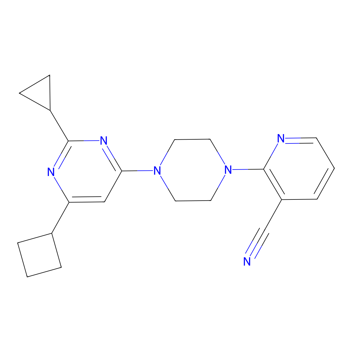 2-[4-(6-Cyclobutyl-2-cyclopropylpyrimidin-4-yl)piperazin-1-yl]pyridine-3-carbonitrile molecular structure, CAS 2640971-86-2