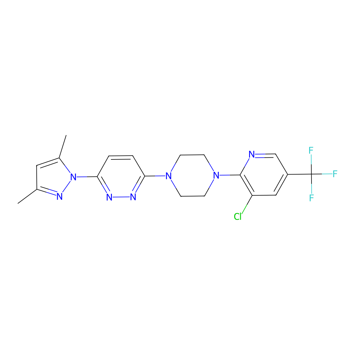 3-{4-[3-chloro-5-(trifluoromethyl)pyridin-2-yl]piperazin-1-yl}-6-(3,5-dimethyl-1H-pyrazol-1-yl)pyridazine molecular structure, CAS 2640971-88-4