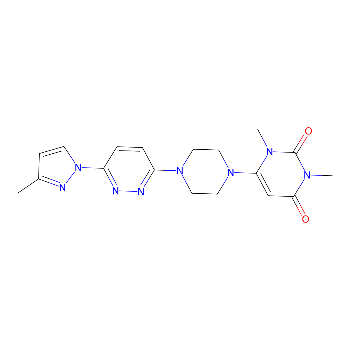 1,3-dimethyl-6-{4-[6-(3-methyl-1H-pyrazol-1-yl)pyridazin-3-yl]piperazin-1-yl}-1,2,3,4-tetrahydropyrimidine-2,4-dione molecular structure, CAS 2640971-89-5